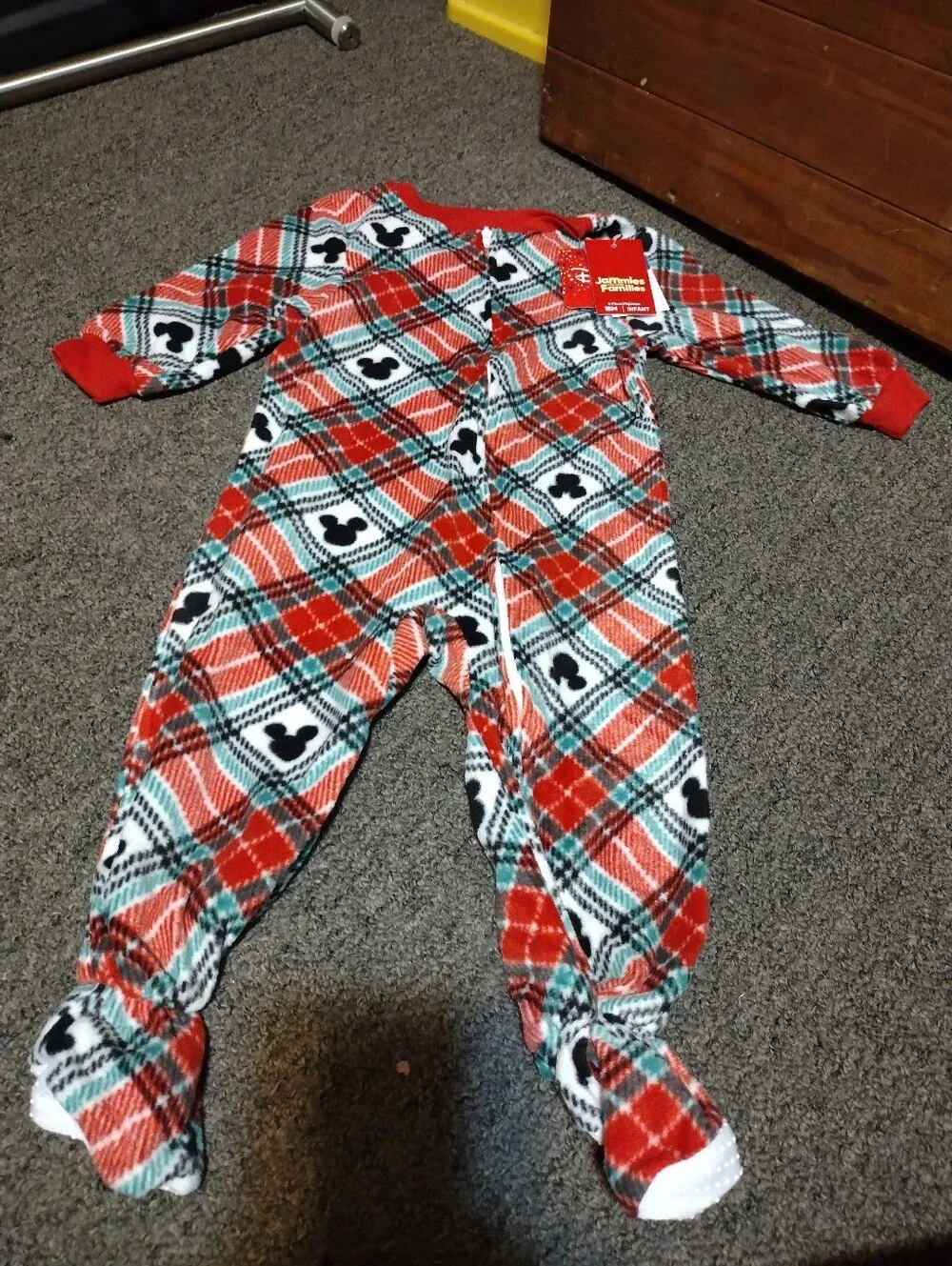 Disney Kids Red Plaid One-Piece Footed Pajamas Size 18M
